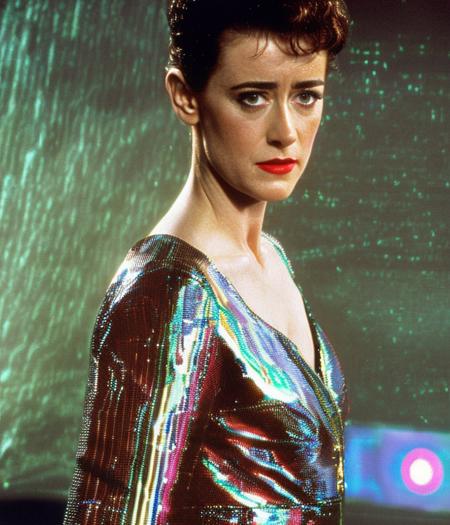 glitch, Extreme close-uo portrait of Sean Young as Rachael, Blade Runner 1 9 8 2 movie still, Mitchell FC 65, heavy grain