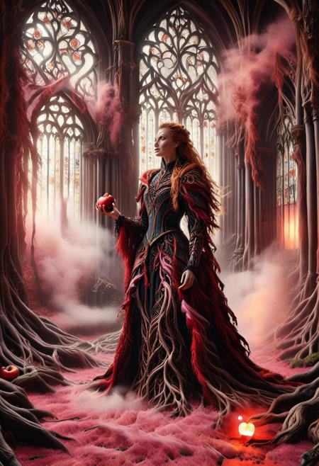 morph-treeroots, Realism_Quality_2xx_By_Stable_Yogi, (morph-treeroots cathedral:2), indoors, standing, 1woman, solo, long hair, black choker, eyeliner, gorgeous lips, covered breasts, cinematic, best quality, ultra-detailed, very aesthetic, (big red glowing eyes:1.4), freckles, aloof, (masterpiece:1.1), small waist, fitness body, wide hips, 32 years old, golden blond hair, censored, (big stained glass windows:1.4), (morph-treeroots Victorian dress:2), high end closure, Evil Queen, cinemascope, moody, epic, gorgeous, film grain, (holding glowing red apple:2.4), (pink ground fog:2), natural hands, red elbow gloves, knee boots, dramatic , sunset, (red sky:1.6), window, ritual magic, freyja, auburn hair, braided hair, magic, forest, Viking queen, mythic beauty, feathered cloak, fur, armor, robe, braid, rune jewelry, photorealistic, cinematic, flowers, jewelry, photorealism, cinematic lighting, high fantasy, mythic portraiture, soft background, northern folklore aesthetic, (fully dressed:2), trained,