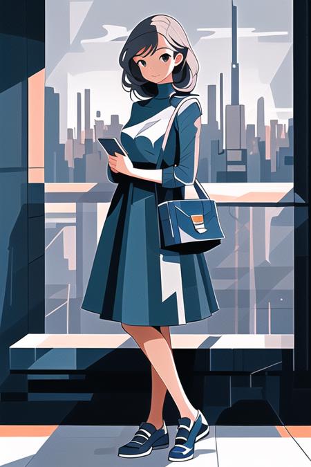 geometric, 1girl, shoes, cityscape, blue, <lora:Gentle_Cubism_Light:0.65>,looking at viewer,