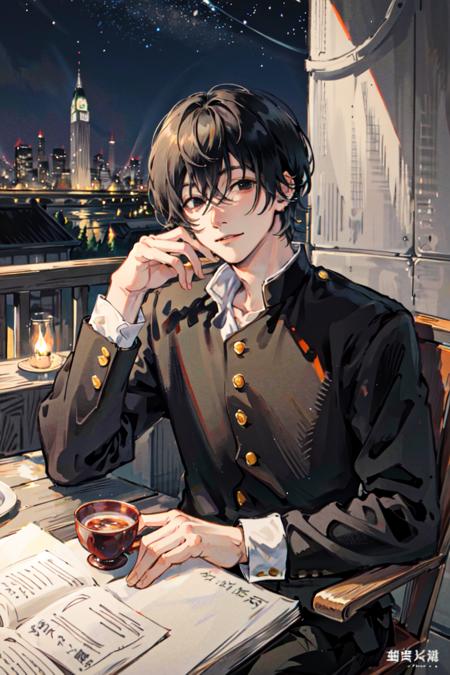 (masterpiece, best quality), illustration,  <lora:chainsawman_yoshidahirofumiv1-000035:1>, yoshida hirofumi, yoshida_(gakuran), smile, city, night, outdoors, cowboy shot, sitting, teacup, strawberry shortcake, head rest, arm rest, looking at viewer