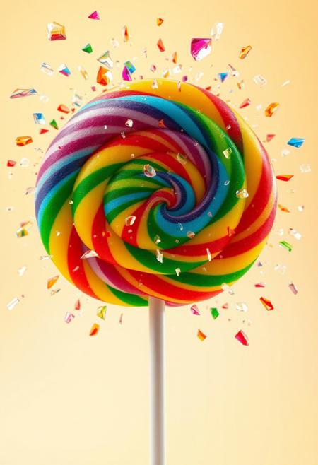 "A vibrant, rainbow-colored lollipop, its surface a mesmerizing mosaic of swirling, candy-like patterns, suddenly and spectacularly exploded, releasing a kaleidoscope of colorful, sugary shards into the air. The explosion, a perfect, symmetrical burst of energy, sent fragments of the lollipop flying in all directions, each piece a tiny, glowing, crystalline shard that seemed to shimmer and shine with an inner light. The lollipop's stick, a slender, white column, stood upright, a tiny, triumphant flag amidst the swirling chaos of color and light, as if to proclaim the lollipop's glorious, sugary demise. The background, a soft, creamy white, seemed to glow with a warm, golden light, as if infused with the sweet, sticky essence of the lollipop itself, adding a sense of depth and dimensionality to the overall image."