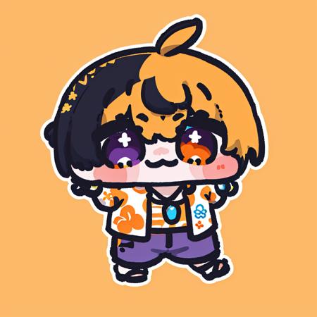 chibi <lora:Yananang:1>, virtual youtuber, 1boy, male focus, solo, orange hair, jewelry, full body, white background, multicolored hair, heterochromia, sandals, looking at viewer, mole, mole under eye, shorts, streaked hair, purple eyes, simple background, bracelet, red hair, shirt, black hair, orange eyes, short hair, standing, hawaiian shirt, smile, floral print, necklace, earrings, blue shorts, bangs, walking, ahoge, parted bangs, collarbone, curtained hair, print shirt, alternate costume, swim trunks