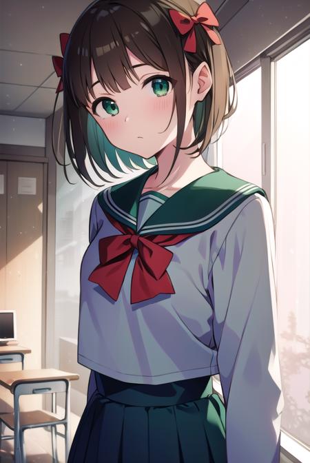 harukaamami, <lora:harukaamamitest:1>,
haruka amami, brown hair, (green eyes:1.5), short hair, (hair bow:1.5), hair ribbon, bangs, blunt bangs, (small breast:1.2),
BREAK bag, bow, school uniform, serafuku, skirt, sweater, long sleeves, red bow, blue skirt, grey sweater,
BREAK looking at viewer,
BREAK indoors, classroom,
BREAK <lora:GoodHands-vanilla:1>, (masterpiece:1.2), best quality, high resolution, unity 8k wallpaper, (illustration:0.8), (beautiful detailed eyes:1.6), extremely detailed face, perfect lighting, extremely detailed CG, (perfect hands, perfect anatomy),