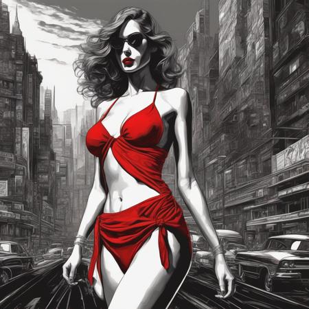 (((Ultra detailed, Megapixel)))
masterpiece, (line art), illustration, monochrome portrait of elegant woman wearing red ((( bikini:1.8 ))), heavy shadows, dark tones, city background, noir