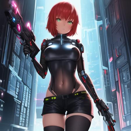 1girl, solo, bodysuit, short shorts, zettai ryouiki, looking at viewer, navel, scifi, science fiction, cyberpunk, holding weapon, cyborg, masterpiece, best quality  <lora:add_detail:0> <lora:pokfx_oc_moardetails:2.02>