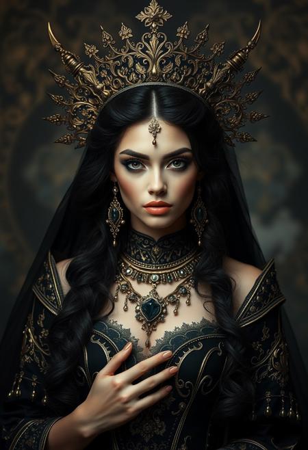female dark princess, in the style of celestial fasion, otherworldly beauty, celestialpunk, queencore, ornamented age aesthetics, gold and black, photography studio style