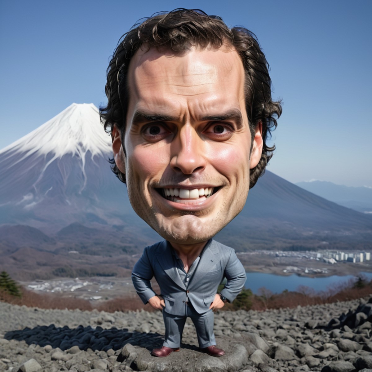 caricature full body portrait of happy  Henry Cavill at Mount Fuji <lora:Caricature_XL-000001:1>