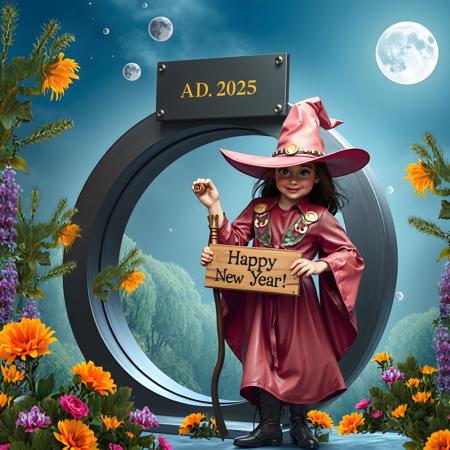 photo realistic mysterious friendly looking beautiful witch wearing pink leather dress clothes and overknee boots holding a wooden sign where is written on "Happy New Year!", standing in front of a omega formed dimensions wormhole stargate where above on a plate it is printed "A.D. 2025". in the background is an enchanted colorful forest with marvelous flowers plants, at the sky are moon stars planets, photo realistic as possible, colorful, high rsolution, best quality, sharp intricate photo
