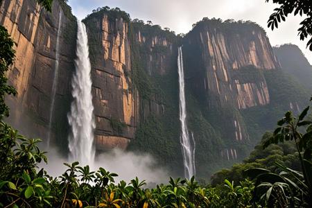 <lora:pytorch_lora_weights_361535:1>,A professional landscape photography of At the base of Angel Falls in Venezuela, where the worldâs tallest waterfall drops from a tabletop mountain into jungle mist. At tropical sunrise, (mist columns:1.15) rise glowing into golden air, howler monkeys stir in the canopy, and wet leaves glisten. ,