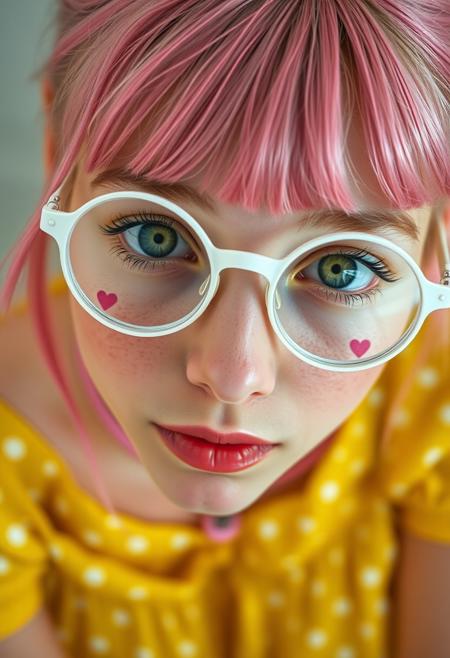 The image is a close-up, high-angle portrait of a young 18 y.o. woman with striking green eyes, in round white glasses, with a pink choker. She is looking directly up at the camera, creating a strong connection with the viewer. Her facial features are soft, and she has a natural, almost ethereal beauty with a face full of freckles that add to her youthful and fresh appearance. There are tattos, pink symbol of heart, on each cheeks. Her pink hair is styled with a side-swept fringe that partially covers her forehead, and the rest of her hair appears to be tied back or away from her face. She is wearing a yellow dress with white dots, which can be seen in the lower part of the image. The focus on her eyes and face gives the image an intimate and engaging quality, with the high resolution capturing every detail of her skin and expression. The background is softly, emphasizing her face as the central point of the image. The overall feel of the image is delicate, natural, and photorealistic, capturing the subject's innocence and charm.