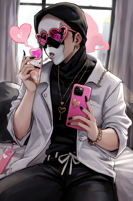 Ghostface Baller, solo, 1boy, holding, male focus, heart, nail polish, window, mask, phone, sunglasses, cellphone, black nails, holding phone, cigarette, drinking straw, smoking, heart-shaped eyewear<lora:Ghostface:0.75>