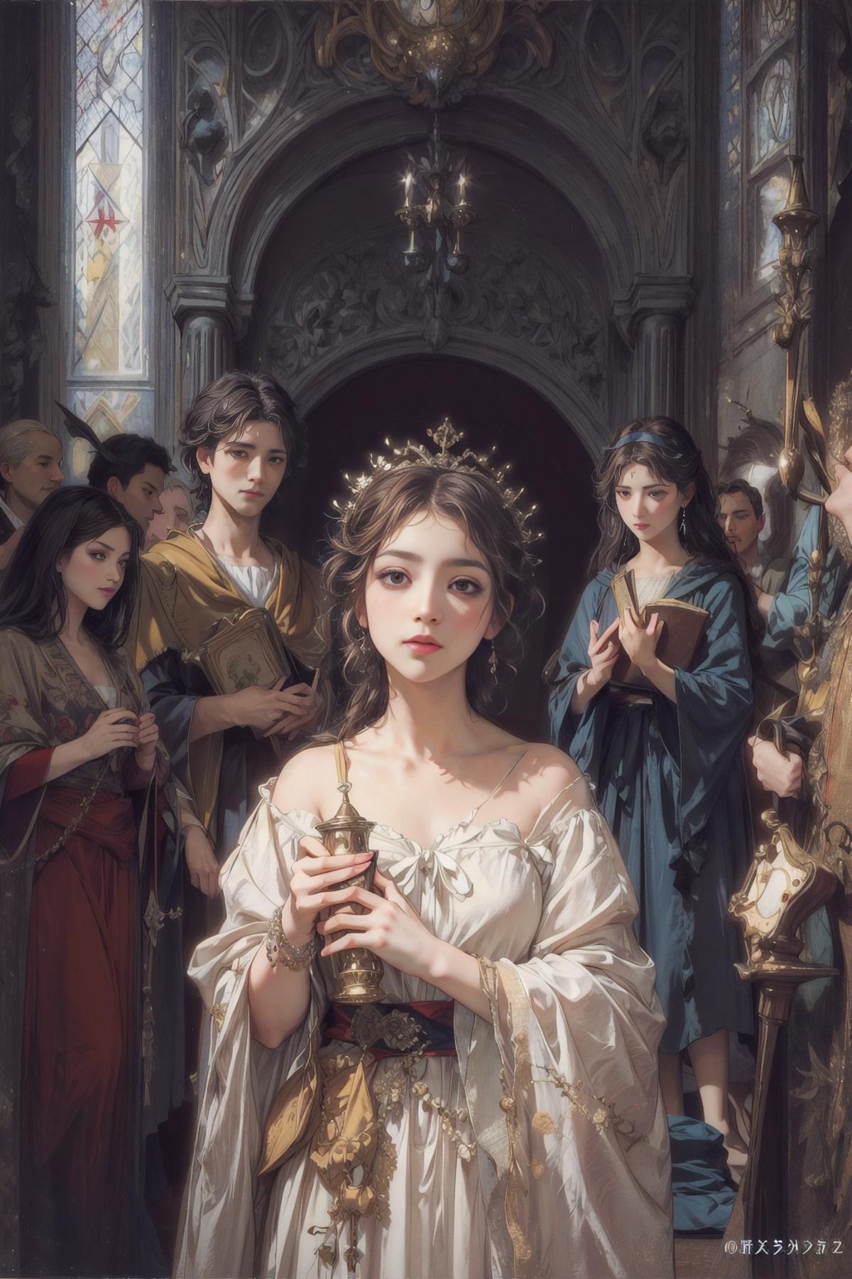 An Asian girl with a crown and a book is surrounded by people.