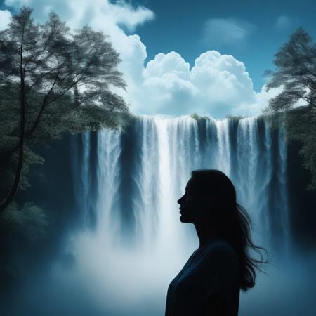 abstract Forest style waterfalls inside the silhouette of a woman in the lead which is a double exposure photograph. very detailed, very realistic photography, blue sky background with cumulus clouds