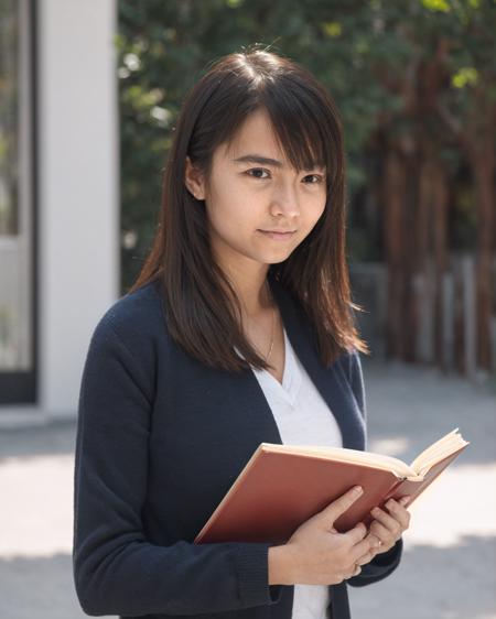 A perfect photograph of a woman holding a book