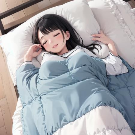 futon, pillow, closed eyes, bed, sleeping, black hair, lying, under covers, blanket, 