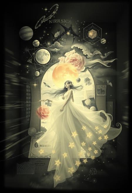 A long exposure black and white photograph of a dreamy surreal collage incorporating pastel celestial colors, vintage assemblage art, shadow box diorama effects, and nostalgic ephemera.  The image features magical girl elegance in a fragmented cosmic dreamscape, using flowing anime linework and ethereal shoujo beauty within a layered fantasy composition. The photo captures motion or light trails, creating a timeless and elegant, mystic and enchanting environment.