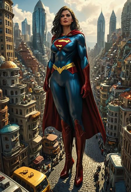 A giantess superheroine towers over a miniature city, her enormous presence inspiring awe among the little citizens. With her large breasts, thighs, and boots, she exudes confidence and power. Her flowing cape adds to her imposing stature, as she stands with hands on hips and a giantess smirk on her face.
The superheroine's immense presence looms over the tiny city, her towering form a testament to her strength and prowess. Her smile and posture convey a sense of authority and leadership, making her a symbol of protection and hope for the miniature citizens below.