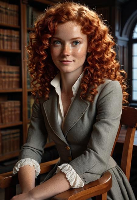 Full body view of a confident female historian, shingle, sitting on wooden chair, old library, depth of field, soft expression, natural skin, red head, curls, freckles, beautiful realistic face, sharp eyes, cinematic lighting, soft hair, highly detailed, (looking at viewer:1.3), subtle smile (ultra detailed face:1.3), (skin texture, pores:1.2), (sharp eye reflection:1.2)