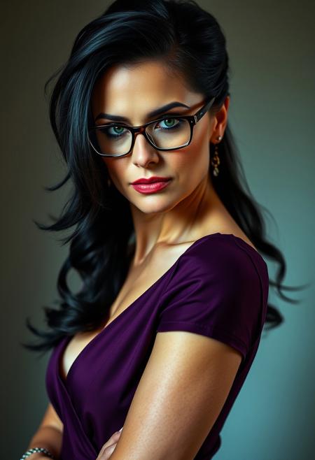 A captivating, elegant, and dominant 45-year-old Caucasian woman, exuding confidence and allure. She has long, flowing black hair styled in a sophisticated updo, framing her face and drawing attention to her piercing green eyes. Her gaze is intense, locked onto the viewer with a sensual, sure-of-herself expression. She wears a pair of elegant, intellectual glasses that enhance her allure. Her makeup is professionally applied, emphasizing her natural beauty with a touch of sophistication. She is dressed in a form-fitting, deep purple, sexy, yet elegant dress that accentuates her gorgeous curves. The lighting is dramatic, casting shadows and highlights that emphasize her confident and alluring persona.