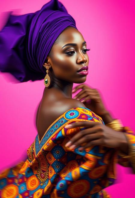 This image features a striking portrait of a woman in motion, with vivid motion blur effects creating a dynamic, artistic feel. She is dressed in a vibrant, patterned outfit inspired by traditional African design, adorned with intricate details in gold and blue. Her purple head wrap contrasts beautifully with the pink and purple gradient background. The motion blur suggests graceful movement, enhancing the sense of elegance and fluidity in her pose.