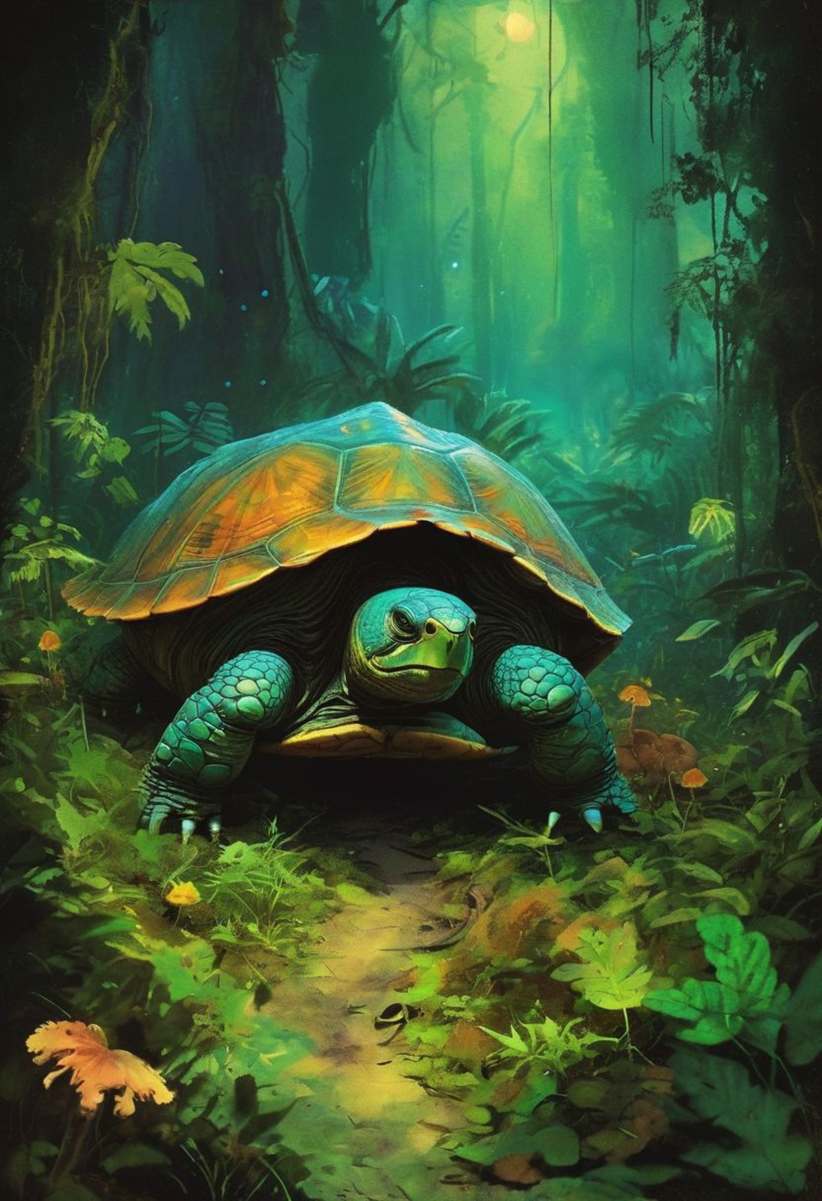 A vast, overgrown jungle where a giant turtle makes its way through the dense foliage. The turtle's massive shell is a min...