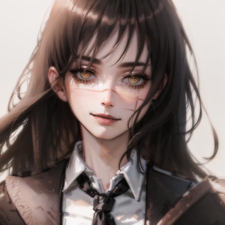 1girl, portrait of beautiful AsaCSM, looking_at_viewer, solo, school_uniform, shirt, collared_shirt, simple_background, white_background, portrait, parted_lips,, volumetric lighting, best quality, masterpiece, intricate details, tonemapping, sharp focus, hyper detailed, trending on Artstation, <lora:AsaCSM1800:1>