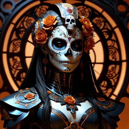 ultra detailed Female Android deity, scifi, octane render, clay render, (dia de los muertos), asymmetrical, intricate concept art, art by michael welan and DZO and greg rutkowski and alphonse mucha and loish and WLOP