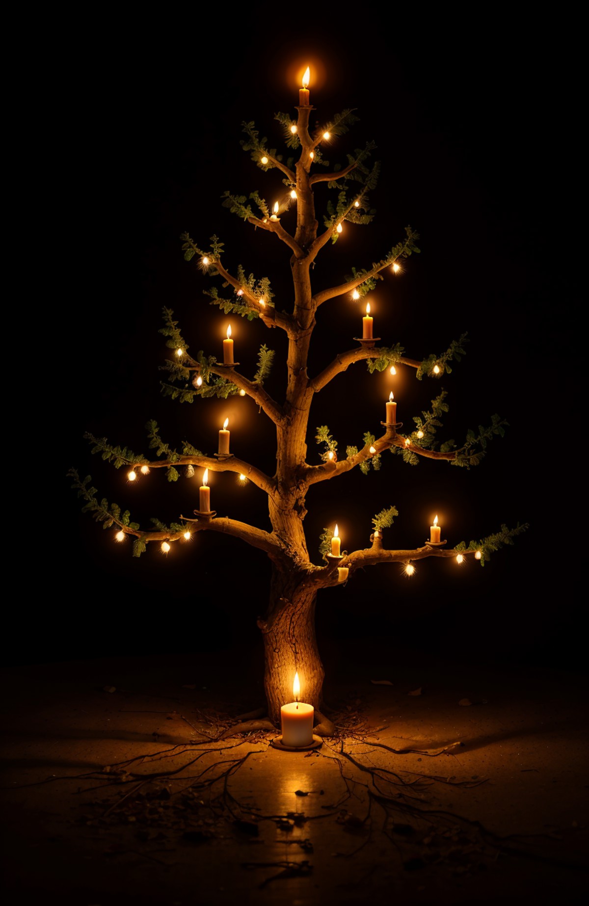 Tree, candles on branches, dark background, quality