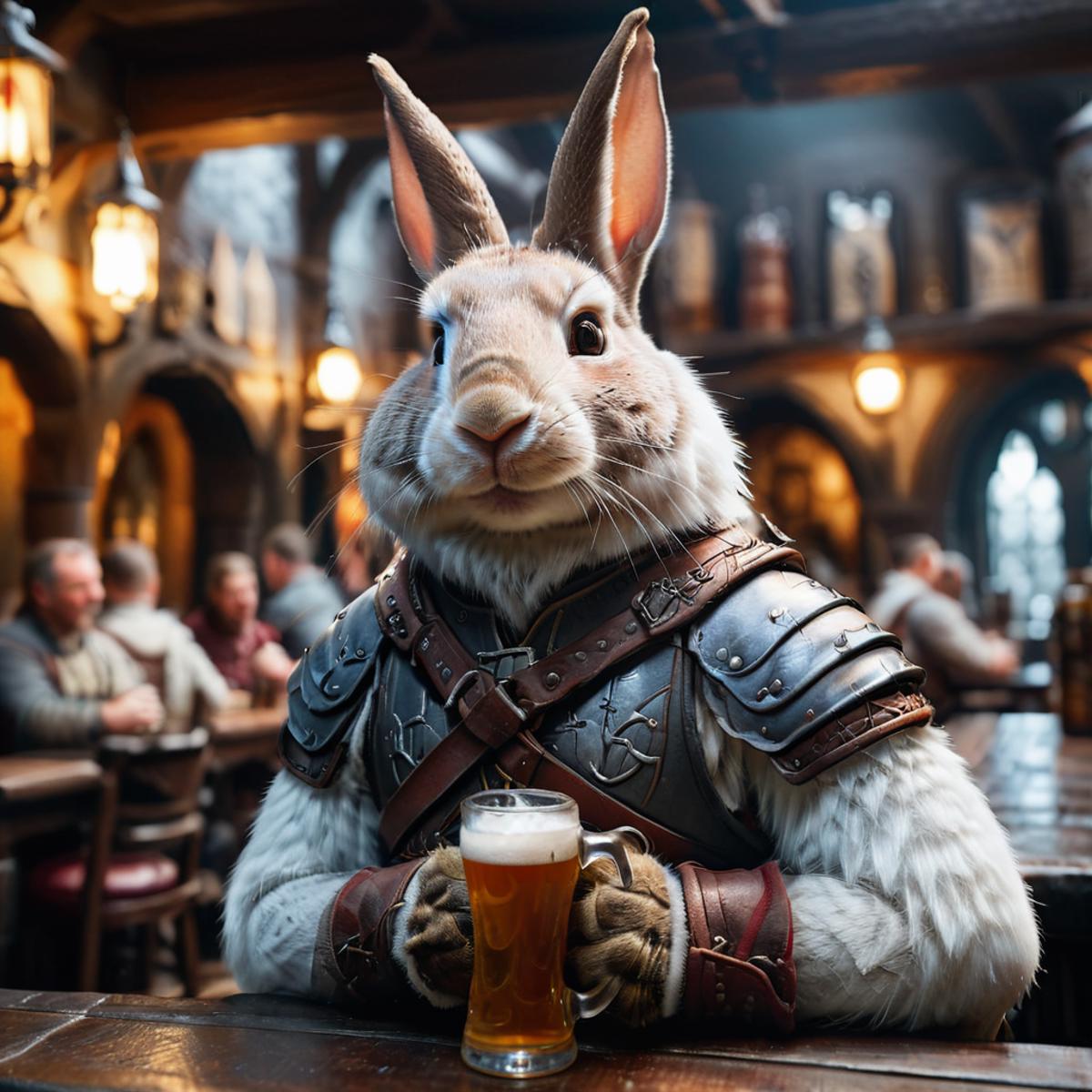 A Bunny Rabbit in Medieval Armor Holding a Beer Mug.