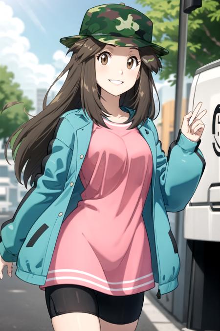 <lora:LeafSyg:0.7>, lf, camoflauge hat, pink shirt, oversized shirt, green jacket, smile, small breasts, brown eyes, bike shorts,