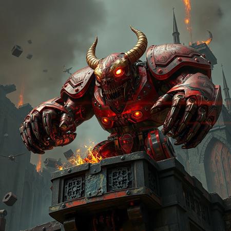 "Ultra-detailed 3D render of a Steel Ogre Grotto, a towering crimson-red mechanoid with gold filigree armor plating, featuring an oversized hammerhead skull glowing with molten circuitry and a compact, heavily-jointed body. Standing in a defensive stance atop a crumbling balcony of the Phantom Fortress Enterblathnir, its piston-driven fists crackle with energy. The fortress looms with gothic spires, floating debris, and holographic siege maps projected across corroded iron walls. Dramatic low-angle shot with Unreal Engine 5 realism, Octane Render textures, and Raphael-style chiaroscuro lighting. Metallic surfaces reflect ember-like sparks, while splash ink weathering effects blend with dieselpunk rivet detailing. 8K resolution, ArtStation-trending composition, golden ratio framing, dominated by vermillion and burnished gold with chromatic aberration flares."
