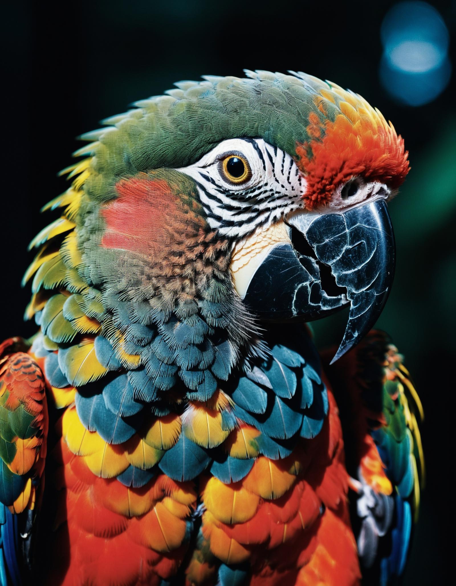 The head of a colorful bird with a yellow eye, a beak, and feathers.