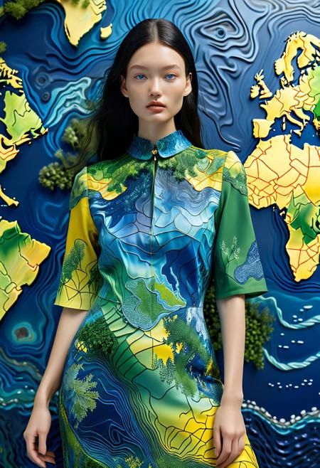 A photograph captures a caucasian model adorned with a dress that resembles a topographical map of the Earth. The attire combines numerous shades of blue, green, and yellow to represent water, vegetation, and urban regions. The dress features a grid pattern on the shoulders and arms. The model's hair and eyes are accentuated with gleaming patterns. The backdrop is dark and enigmatic.