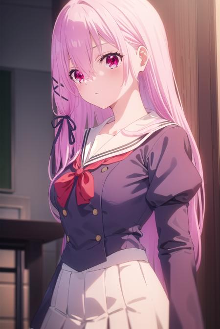 engagekisara, <lora:engage kisara s1-lora-nochekaiser:1>,
kisara, long hair, pink hair, (red eyes:1.3), hair between eyes, hair ornament, ribbon, hair ribbon,
BREAK long sleeves, ribbon, school uniform, puffy sleeves, sailor collar, red bow, juliet sleeves, white sailor collar,
BREAK indoors, classroom,
BREAK looking at viewer, (cowboy shot:1.5),
BREAK <lyco:GoodHands-beta2:1>, (masterpiece:1.2), best quality, high resolution, unity 8k wallpaper, (illustration:0.8), (beautiful detailed eyes:1.6), extremely detailed face, perfect lighting, extremely detailed CG, (perfect hands, perfect anatomy),