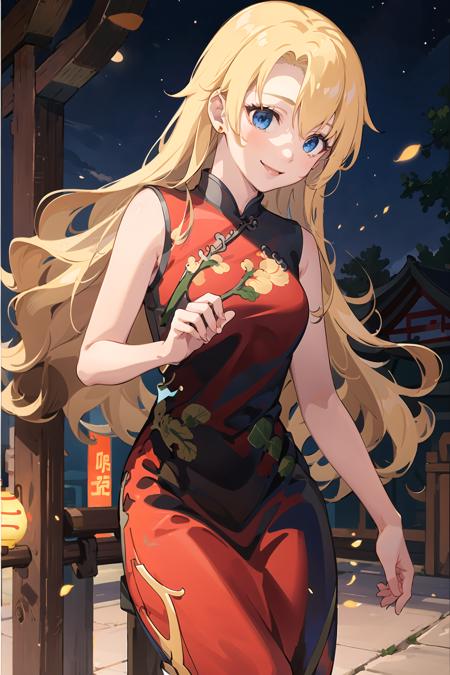 maryib, 1girl, (red qipao:1.5), cowboy shot, (sleeveless:1.2), smile, chinese festival, fence, (detailed background), beautiful cg, best quality, night <lora:maryibv6-000007:1>