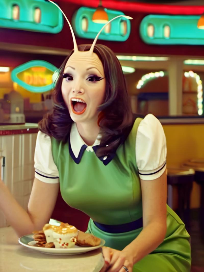 mantis woman, retro diner pin-up, (charming:1.2) waitress embodying the spirit of a bygone era, (playful:1.1) expression, ...