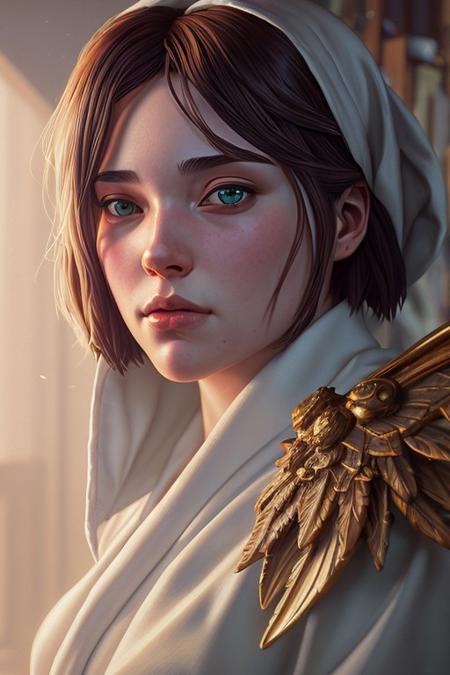 Hyper realistic adult male guardian angel donned in white robes, 
caught in mid-close-up, 
surrounded by a detailed and intricate environment, 
soft light illuminating the scene, 
combining artistic styles of Greg Rutkowski, 
Loish, 
Rhads, 
Beeple, 
Makoto Shinkai, 
Lois Van Baarle, 
Ilya Kuvshinov, 
Rossdraws, 
Tom Bagshaw, 
and Alphonse Mucha, 
with, 
unreal engine, 
greg rutkowski, 
loish, 
rhads, 
beeple, 
makoto shinkai and lois van baarle, 
ilya kuvshinov, 
rossdraws, 
tom bagshaw, 
alphonse mucha, 
global illumination, 
detailed and intricate environment