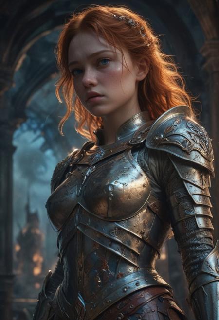 High resolution ultra-realistic of Beautiful Warrior Sadie Sink as Joan of Arc, 8k, capturing the intensity of the moment, cinematic lighting, standing on a bloody and stormy battlefield in bloody battle, wavy red hair, realistic dirty pale face, realistic blue eyes,  beautiful hourglass figure, burning in a medieval Town, intricately designed iron and silver armor, Dark Ages Aesthetic, perfect athletic figure, beautiful Warrior Joan of Arc, fire, ultra realistic, cinematic style, vigorous and seductive, athletic figure, dark fantasy, dramatic lighting, wet and sweaty skin, dirty skin, athletic figure, dark fantasy, dramatic lighting, Greg Rutkowski style,, Warrior Joan of Arc on in iron armor, hyper-detailed, hyper-realistic, bright colours, Attractive 21 old years girl, Attractive, beautiful firm Breasts, sharp focus, digital painting, Photograph Taken on Nikon D750, Alphonse Mucha, 8K, athletic figure, Hyperdetailed, hyperrealism, Attractive, Attractive bust girl, asymmetric balance