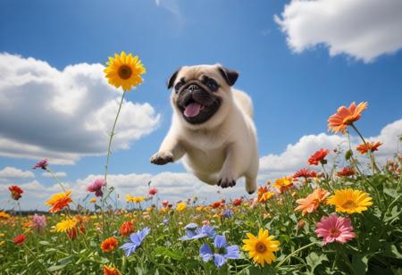 Highly detailed photograph of a pug puppy leaping through the air above a field of colorful flowers. Side view. Floppy ears, big eyes, very cute, very happy, joyful. Blue sky with fluffy clouds. Bright sun, god rays.
