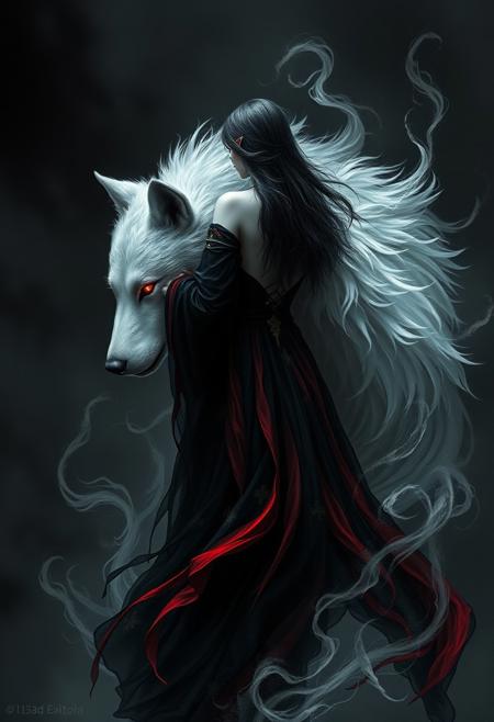 Monochrome, black and white photo, a digital painting featuring a mystical and haunting scene. At the center is a young woman with pale skin and long, dark hair, dressed in a flowing black and red dress adorned with gold accents. Her back is to the viewer, and she appears to be embracing a large, ethereal wolf. The wolf's fur is predominantly white, with hints of gray, and it has piercing red eyes that seem to glow ominously. The wolf's fur is rendered in a way that suggests movement, with wisps and tendrils swirling around the woman and the wolf. The background is dark and shadowy, with subtle hints of a misty or smoky atmosphere that adds to the mystical and otherworldly feel of the image. The overall color palette is dominated by dark tones with occasional highlights of white and gold, creating a dramatic and surreal effect. The style of the painting is highly detailed and realistic, with a focus on texture and movement, giving it a lifelike yet fantastical quality. The woman's dress and the wolf's fur are rendered with intricate detail, emphasizing the contrast between the delicate human form and the wild, untamed nature of the wolf.