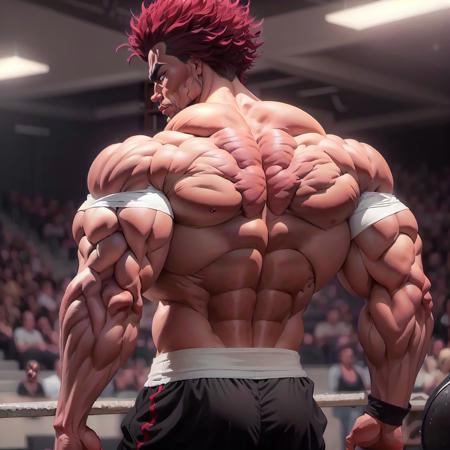 highres,High quality,(Beautiful), ((masterpiece)),vibrant colors, solo,1boy, male focus, manly, muscular, muscular male, red hair, solo, spiked hair,shirtless, from behind, muscular back,<lora:YujiroV9:1>