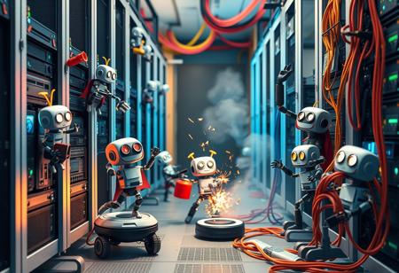 Create a whimsical and humorous scene of a data center in delightful chaos. Tiny, adorable robots, resembling toys with googly eyes, climb server racks carrying oversized tools and roll on wheels with parts and tangled cables trailing behind them like tails. One robot hilariously rides a Roomba while balancing a stack of hard drives. Sparks fly comically from overheated servers, causing a robot to dance around trying to extinguish the smoke with a tiny fire extinguisher. Other robots juggle cables and mistakenly plug them into wrong ports, creating a spaghetti-like mess. Amidst this bedlam, larger, more serious-looking robots with capes and comical mustaches oversee the smaller bots, waving their arms wildly to coordinate their whimsical efforts under the soft and colorful glow of blinking server lights and vibrant cables.