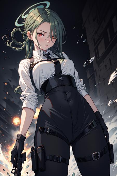 m1na, long hair, green hair,  halo, red eyes, braid, hair over one eye, black gloves, black necktie, coat,  collared white shirt, eyewear on head, jacket, black pants, holster, gun, thigh strap, thigh holster, covered navel, black footwear