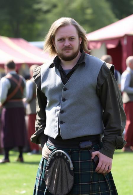 A trans-man at a renaissance fair wearing a kilt, wide-collared shirt, and a grey spotted vest.