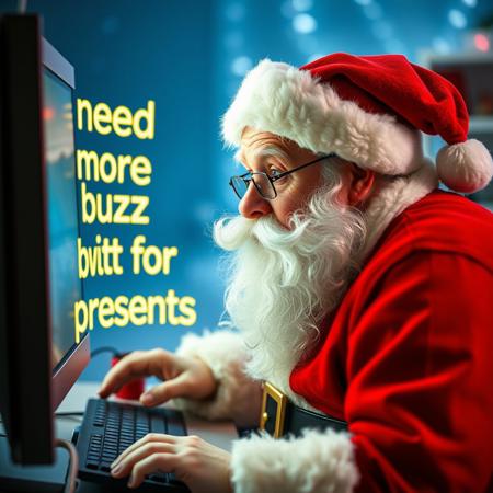 Santa with dumbstruck look looking at computer screen with text "need more buzz for presents", funny, realistic, masterpiece, photograph