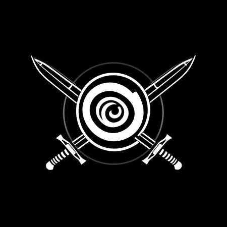 (stylized logo, emblem, vector art), (symbol of a crossed swords), (solid colors, thick-linework), white outline, black background, 
crossed swords with the emblem of the spiral in the form of a circle symbol white in the center, heraldic, black background, HDR, UHD,