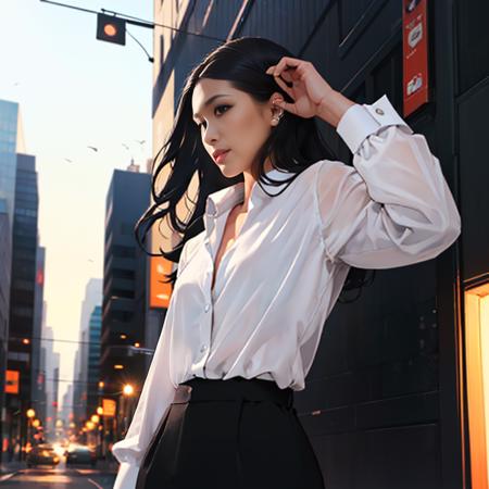 <lora:KKPhannika_V1:1>  1woman,PhanNika 38yo,long black hair ,  flat chest , portait, formal white shirt holding orange , dynamic pose , cityscape , master piece , rim light , best quality, extremely detailed, simple solid color background