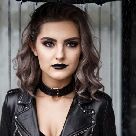 <lora:eva_elfie:0.8>, a photo chest portrait female leather jacket on street raining, goth makeup, detailed face look at camera, smirk, (smile:0.5), raw, intricate, high quality, 8K, (natural skin texture, hyperrealism, soft light, sharp:1.2)