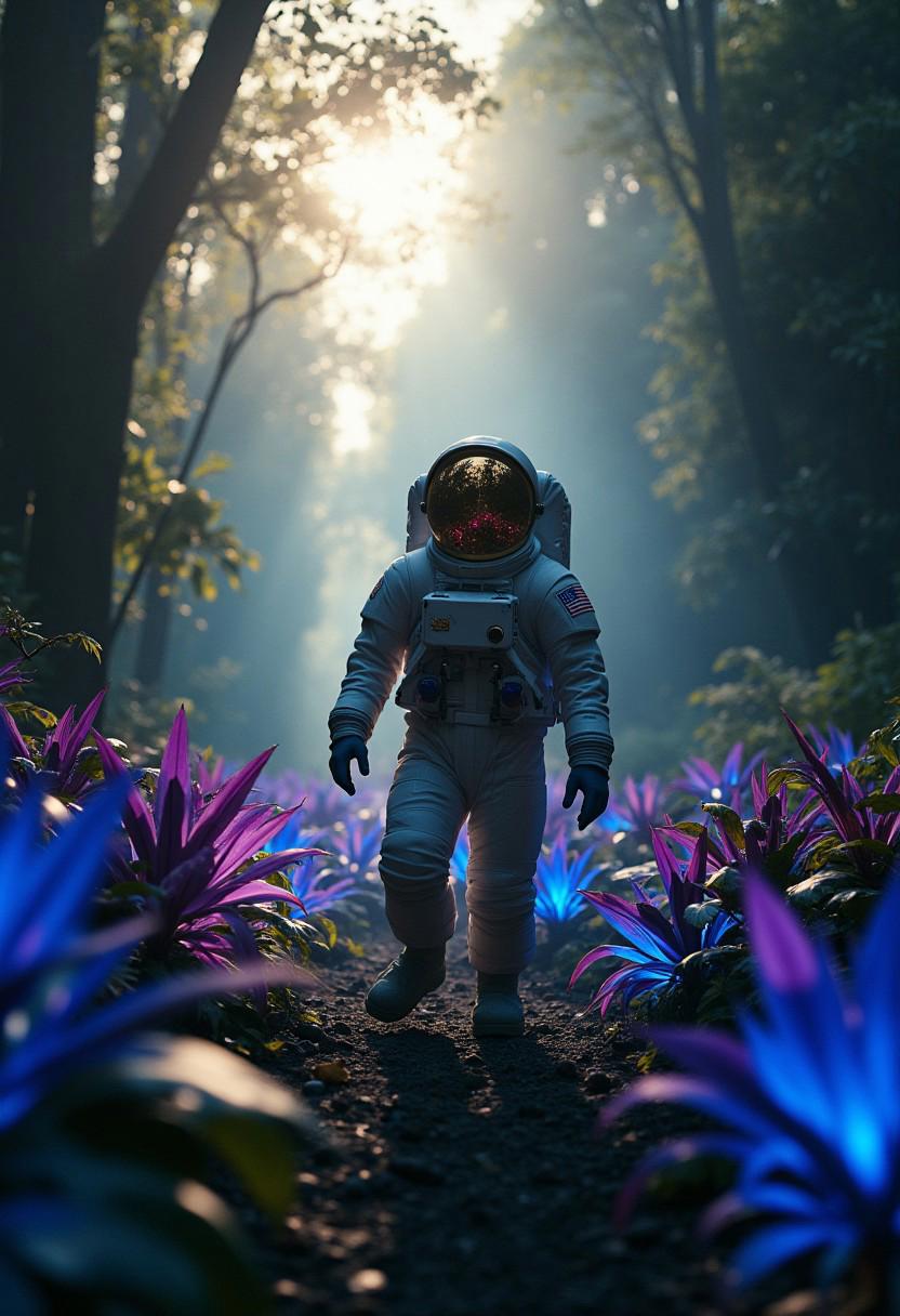 Astronaut in alien jungle