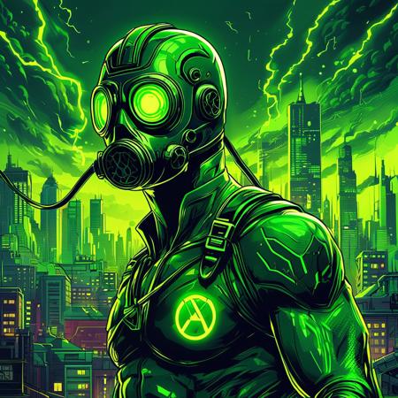 score_9, score_8_up, score_7_up, style of Dan Mumford, Full body, Solo, 1man, Superhero, (neon green and black power suit: 1.0), (power pose: 1.0), (radiation symbol on chest: 1.0), (superhero physique: 1.0), heavily muscled, (gas mask: 1.0), green energy, city background, science fiction, dark and vibrant, detailed linework, bold colors, dynamic, masterpiece, detailed,